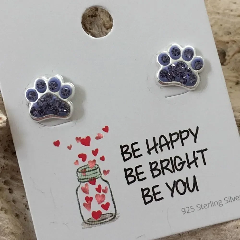 Girls Sterling Silver Paw Print Crystal Earrings